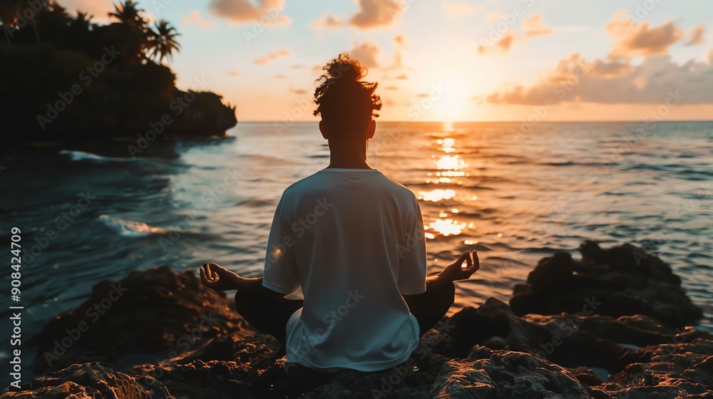 Poster A person is meditating on the rocks near the ocean at sunset.