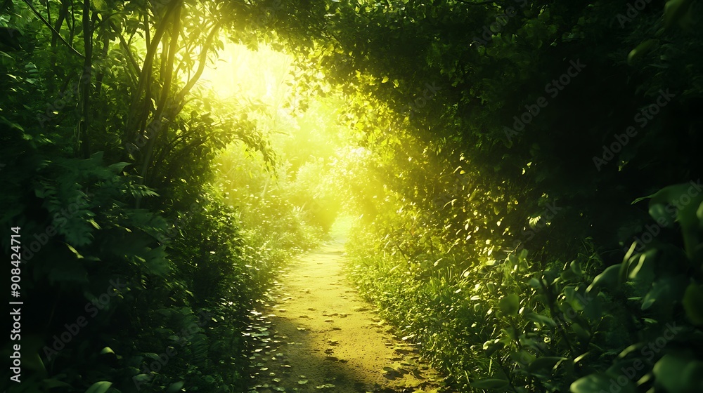 Poster sunlit path through dense green forest symbolizing a successful journey