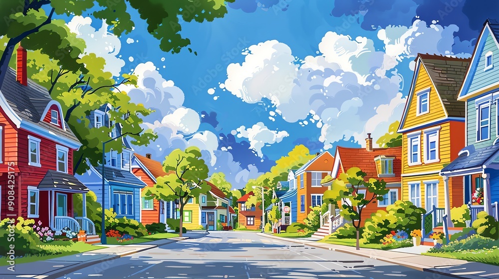 Canvas Prints A colorful, cartoon-style street with houses and a view of the ocean in the distance.