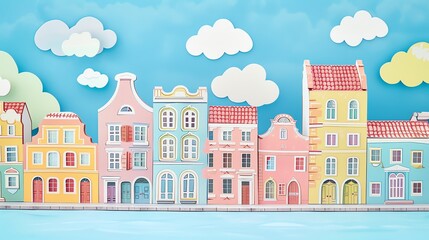 An illustration of a row of colorful houses with white clouds and a blue sky.