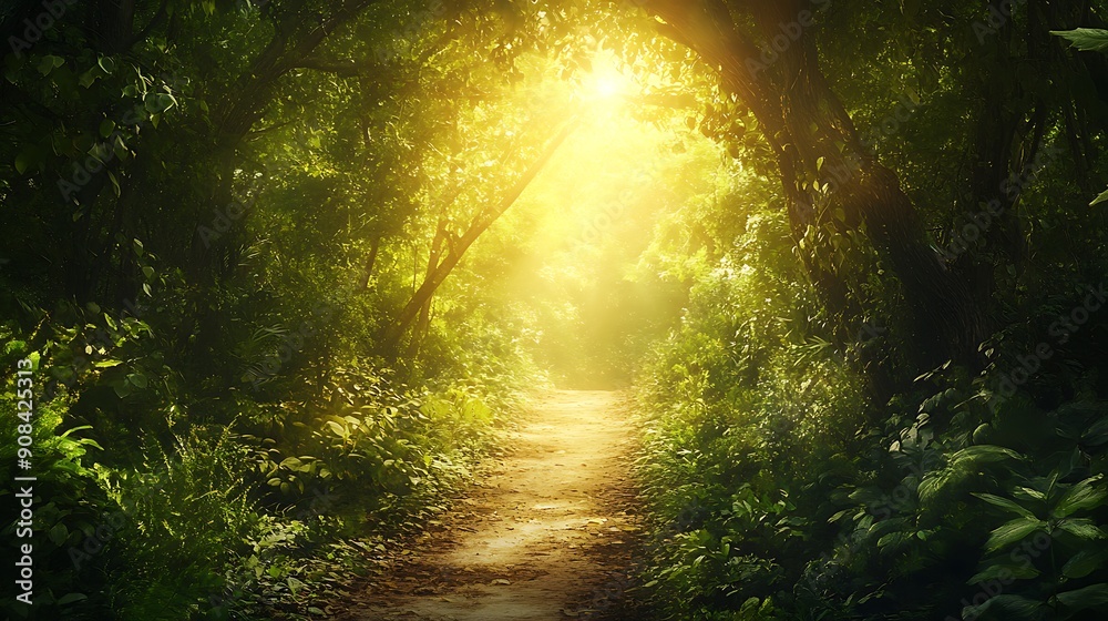 Aufkleber Sunlit Path Through Dense Green Forest Symbolizing a Successful Journey