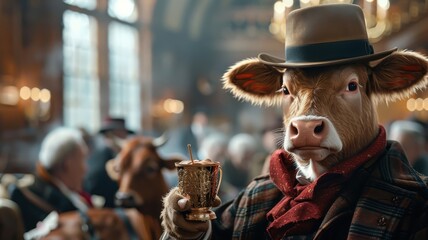 Group of cows in high-end attire at gala in barn.