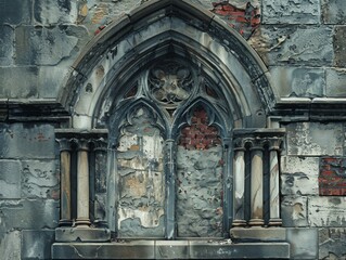 Weathered stone facade with historic architectural details