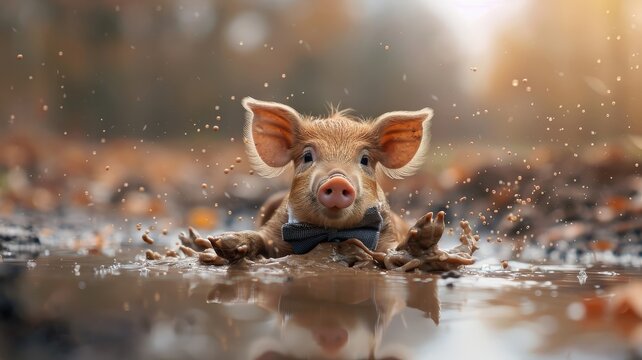 Playful wild boar piglet rolling in mud puddle wearing tuxedo.