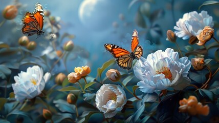 Group of butterflies in high-end attire at moonlit soirée.