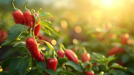 Obraz premium Red Chili Peppers on a Plant with Green Leaves