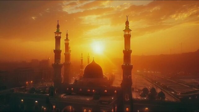 Sunset Over a Mosque in a City. An aerial view of a mosque with tall minarets against a vibrant orange sunset. Seamless looping video background animation. Generated with AI
