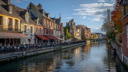 Fototapeta premium Amiens old town SaintLeu quarter embankment promenade of Somme river street restaurants and cafe typical houses stone bridge in historical city centre France landmarks HautsdeFrance Re : Generative AI