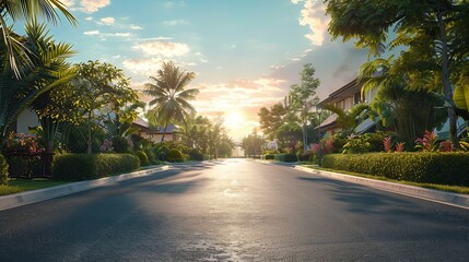 Fototapeta premium Empty street at the nice and comfortable garden at the morning with lovely beautiful sky : Generative AI
