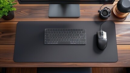 A black keyboard and mouse on a black desk mat on a wooden desk.