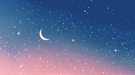 Naklejka premium Tranquil night sky with a crescent moon and stars above soft pink clouds