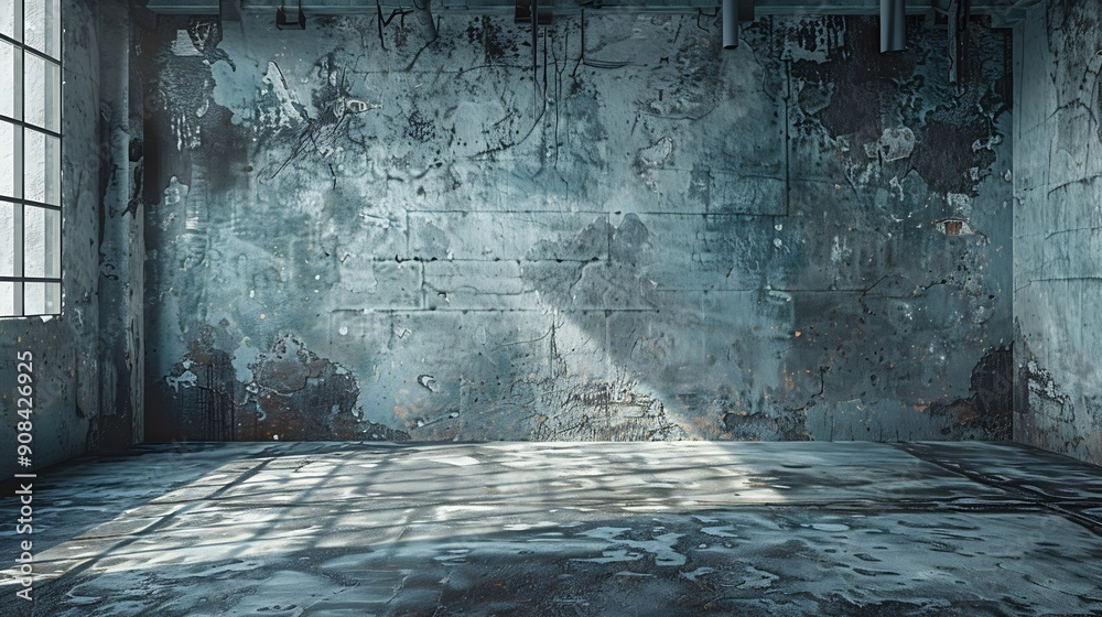 Poster empty warehouse room with grungy stucco concrete wall floor room as background corner of old grunge 