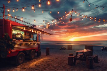 Experience the charm of a beach sunset with a festive food truck featuring twinkling light bulbs. The warm glow of the setting sun adds a magical touch to the scene.