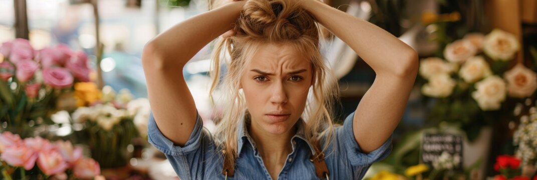 Young blonde woman feeling skeptical and nervous while working at florist shop frowning and upset due to a problem