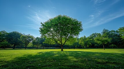 Obraz premium green tree public park garden color blue sky sunshine : Generative AI