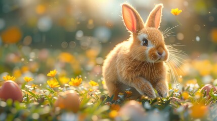 Fototapeta premium Easter Bunny in a Field of Flowers