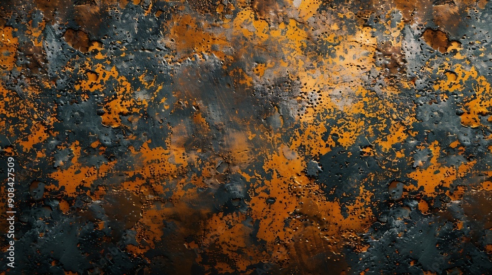 Poster orange rust stains on weathered steel plate or top view yellow iron table and old brown metal wall f