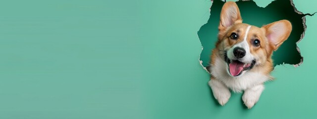 Dynamic Image of a Corgi Dog Bursting or Breaking Through a Green Wall. Creative Banner Design with Blank Copyspace for Custom Advertising and Messaging