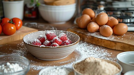 Fototapeta premium Bowl of Red Strawberries with Powdered Sugar on a Wooden Table Illustration