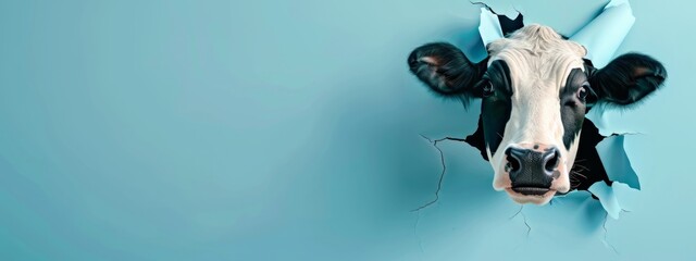 Dynamic Image of a Cow Bursting or Breaking Through a Blue Wall. Creative Banner Design with Blank Copyspace for Custom Advertising and Messaging