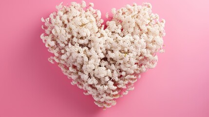 Heart-shaped baby's breath on pink background.