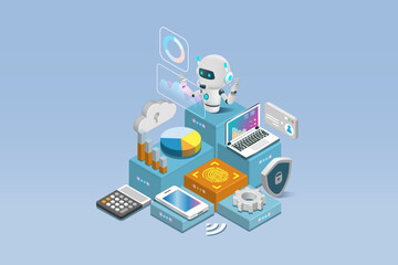 AI chat robot analyzing business graph chart data with electronic devices and cybernetic security system network. Artificial intelligence technology revolution, 
Implement of robotic science research.