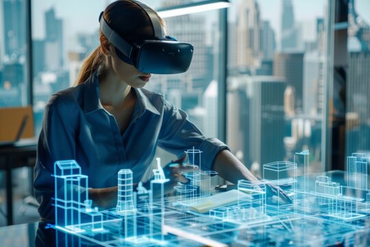 Female professional in a virtual meeting with VR glasses, viewing an augmented reality city blueprint while discussing a megapolis project, contemporary office background. - Powered by Adobe