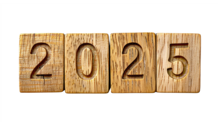Wooden cubes with new year 2025 number, isolated on transparent background