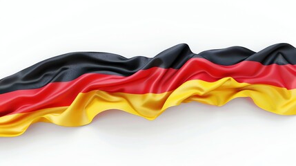 Naklejka premium A flowing, silky German flag, with black, red, and gold horizontal stripes, draped across a white background.