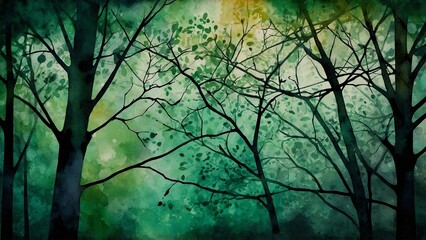 Green grunge bokeh watercolor tree silhouette background