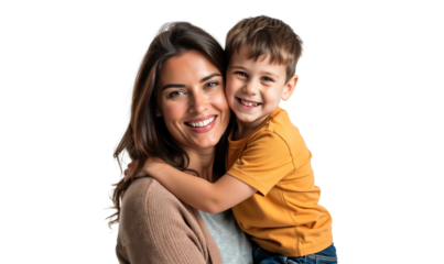 Portrait of a happy mother hugging and having fun with her son, family relationship, isolated on transparent background