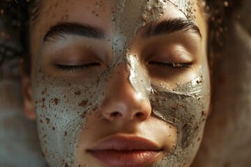 Fototapeta premium Close-up of a young woman face with a clay mask, her eyes closed, hair tied back, with a background of soft lighting and home decor.