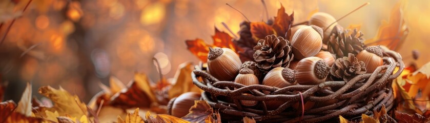 A basket of acorns and leaves on a table