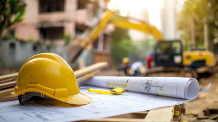 Fototapeta premium A construction site with a yellow helmet and a yellow construction tool