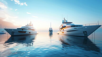 A row of three luxurious yachts anchored in calm waters at sunset.