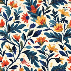 Seamless Floral Pattern with Blue, Red and Yellow Hues