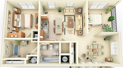 Fototapeta premium A two story home with a large open living room and two bedrooms. The living room has a couch and a coffee table. The bedrooms have beds and nightstands