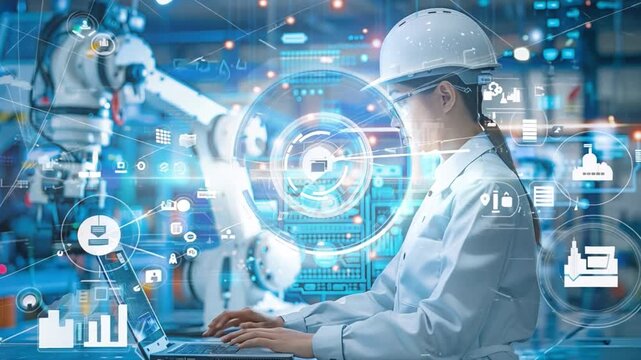 an engineer carrying a laptop A programmable logic controller is in charge of a large, fully automatic machine.