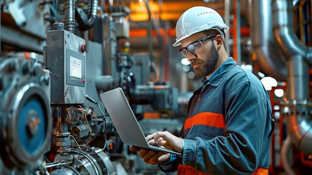 an engineer carrying a laptop A programmable logic controller is in charge of a large, fully automatic machine.