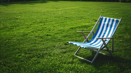 A blue and white striped sun chair on the green grass