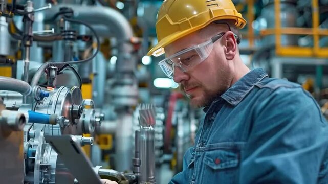 an engineer carrying a laptop A programmable logic controller is in charge of a large, fully automatic machine.