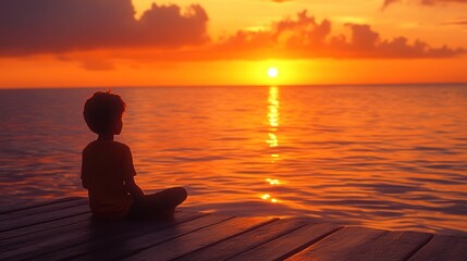 Fototapeta premium A silhouetted Muslim boy praying on a wooden deck overlooking a calm lake The sun sets behind him, casting a golden glow on the water The boy's peaceful posture and the tranquil setting evoke a sense