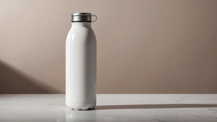 White Stainless Steel Water Bottle on Marble Surface.