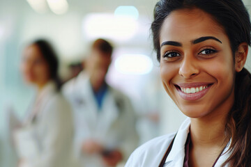 Fototapeta premium Smiling Young Indian Female Doctor in Modern Hospital Setting