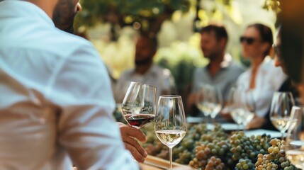 A group of people enjoying wine tasting at a vineyard.