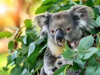 Obraz premium Charming koala mother and baby in natural habitat, surrounded by eucalyptus leaves, showcasing tender wildlife moments.