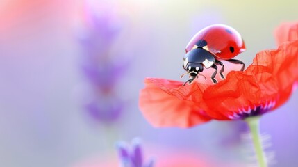 Close-up of a ladybug on a vibrant red flower with a blurred pastel background. Perfect for nature and wildlife themes.