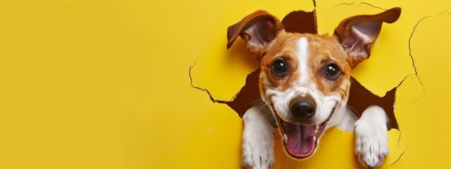 Dynamic Image of a Rusell Terrier Dog Bursting or Breaking Through a Yellow Wall. Creative Design Banner with Blank Copyspace for Custom Advertising and Messaging