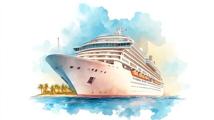 Beautiful cruise ship sailing on calm water, surrounded by tropical scenery, capturing the essence of adventure and relaxation.