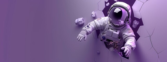 An Astronaut Breaking Through a Purple Background. Creative Banner Design with Blank Copyspace for Custom Advertising and Messaging